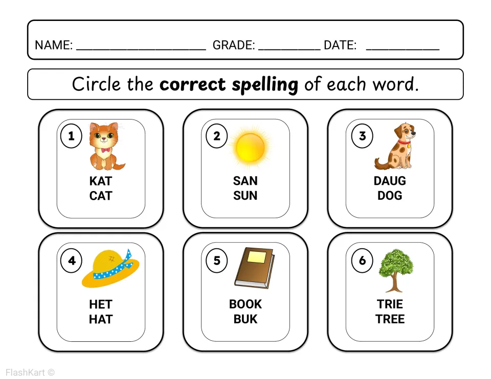 Correct spelling items 1-6: students circle the right word for each picture, such as CAT or KAT and SUN or SAN