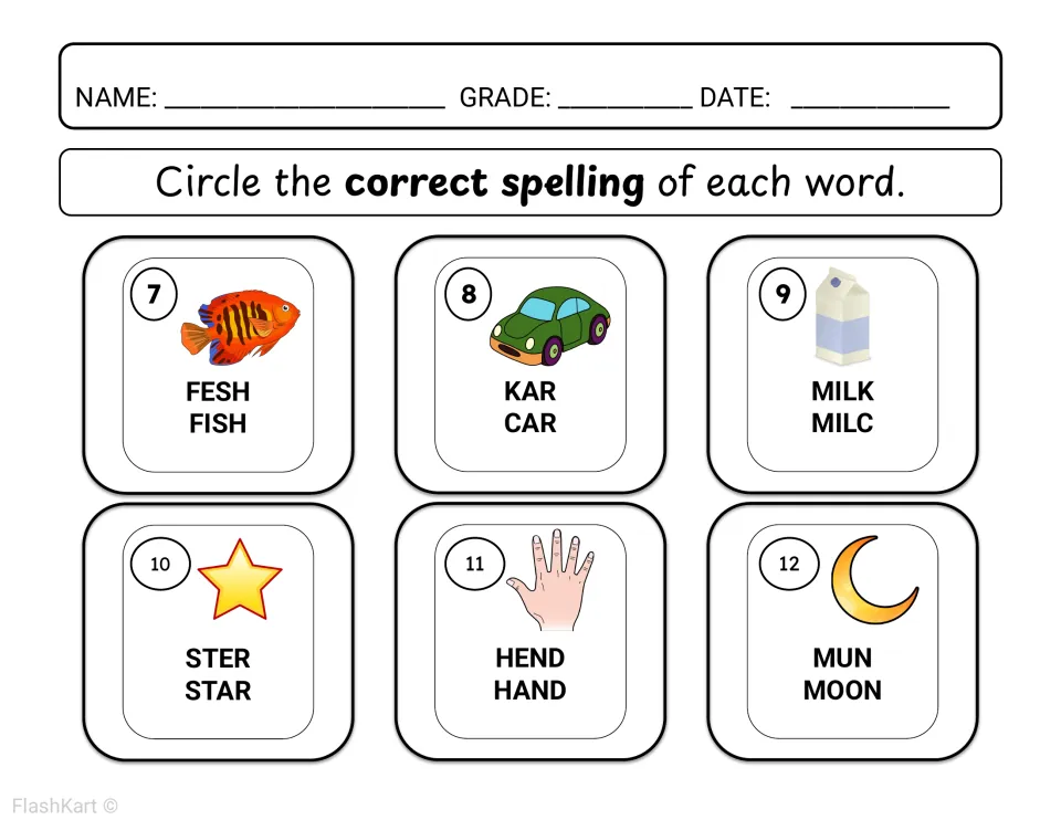 Correct spelling items 7-12: students circle the right spelling under pictures of a fish, car, milk, star, hand and moon