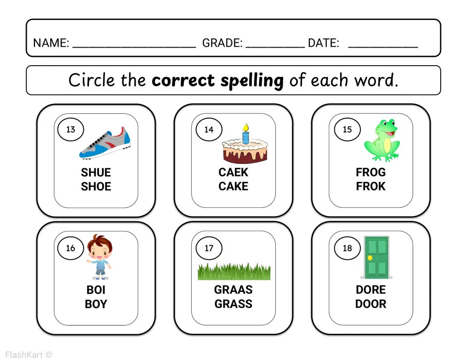 Correct spelling items 13-18: students pick the right word for a shoe, cake, frog, boy, grass and door