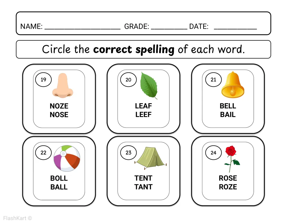 Correct spelling items 19-24: students circle the real spelling of nose, leaf, bell, ball, tent and rose