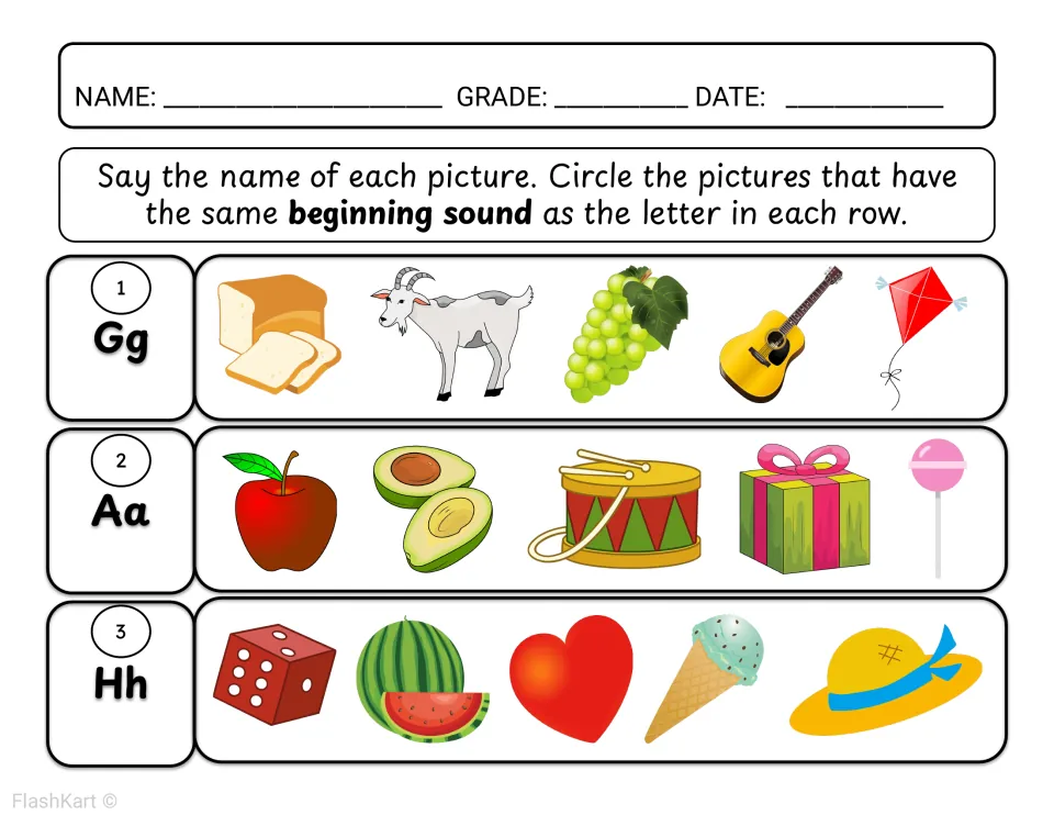 Beginning sounds for G, A and H: students say each picture name and circle those that start with the row's letter