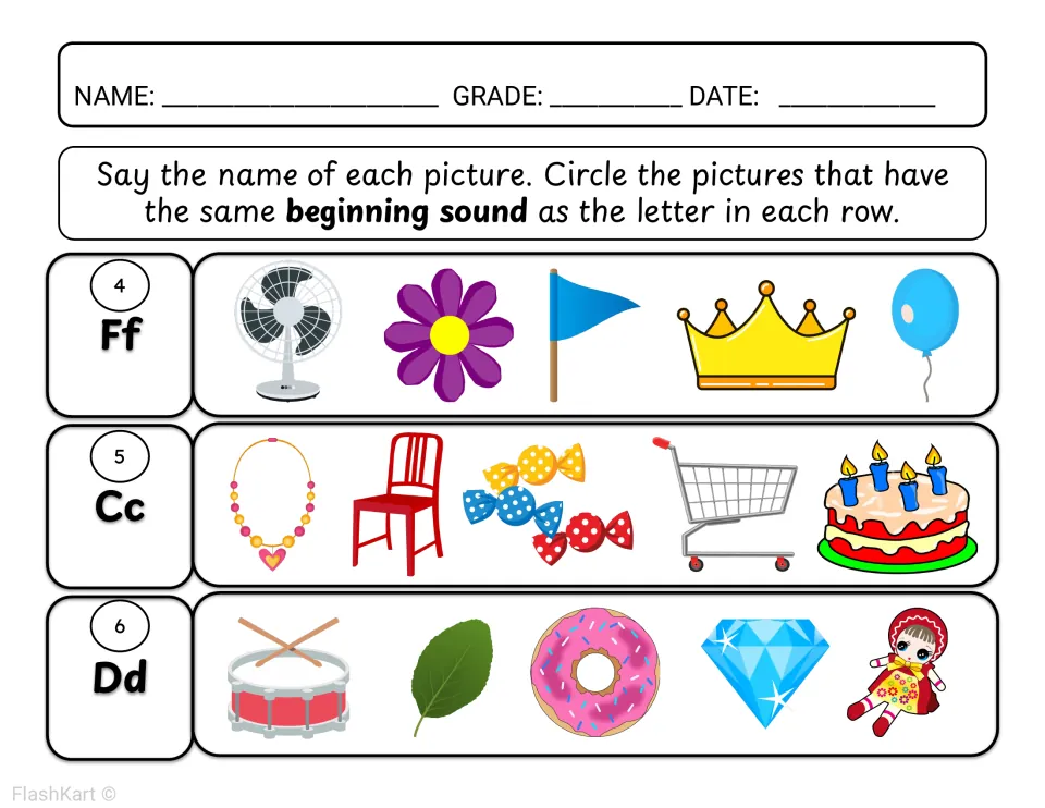 Beginning sounds for F, C and D: students circle matching pictures such as fan, flower, chair, drum and donut
