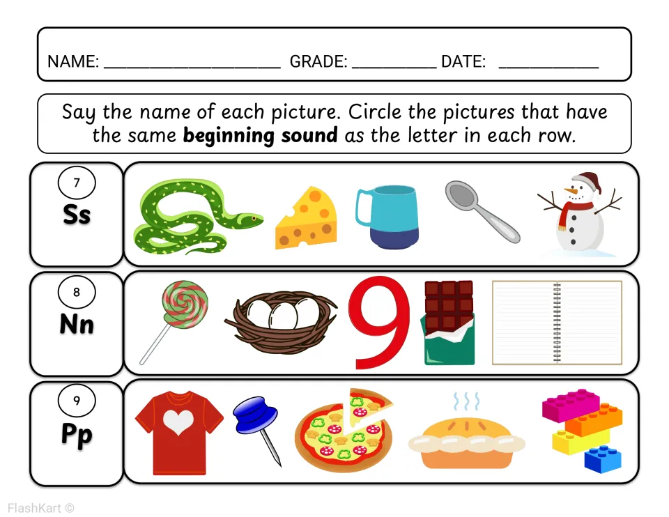 Beginning sounds for S, N and P: students name pictures like snake, spoon, nest, pizza and pie and circle matches