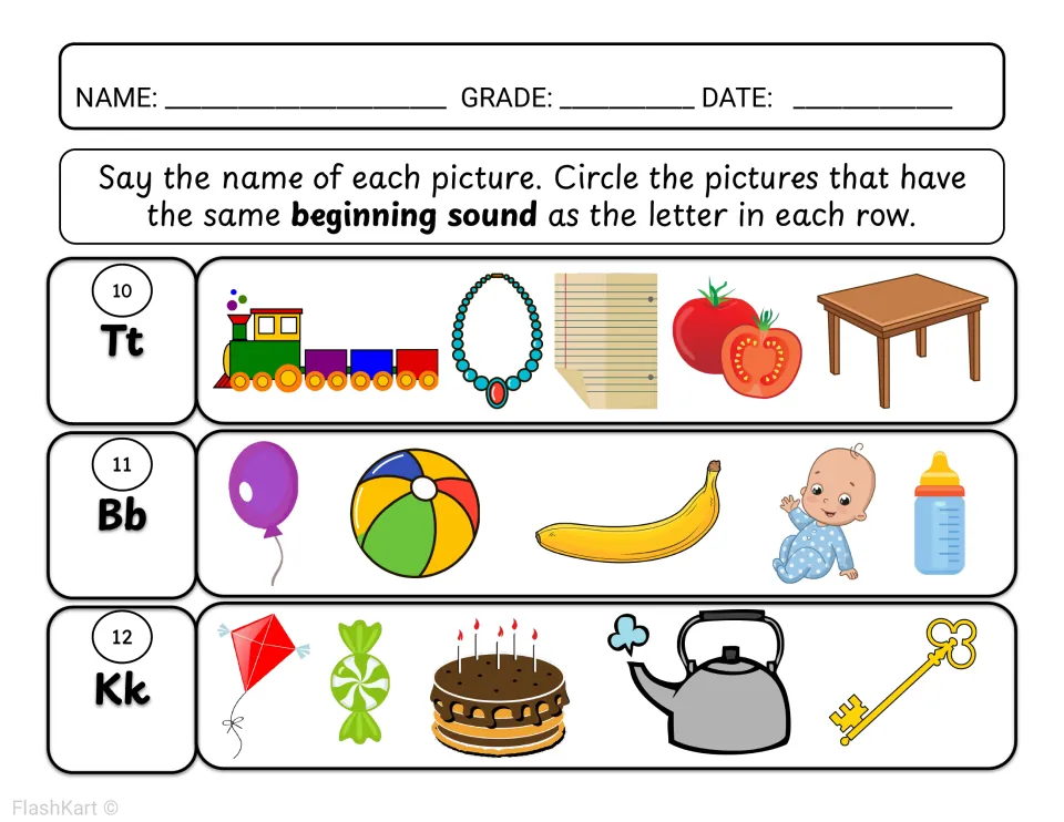 Beginning sounds for T, B and K: students circle matching pictures such as train, table, ball, baby, kite and key