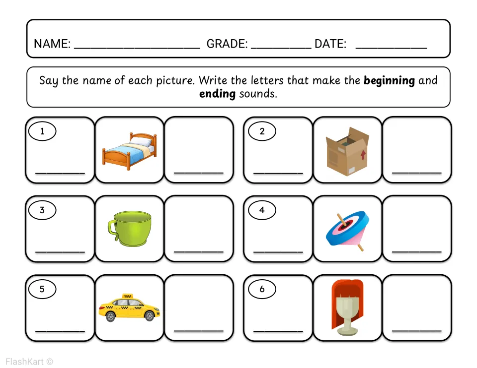 Beginning and ending sounds: students name pictures such as bed, box, cup and taxi and write the first and last letters