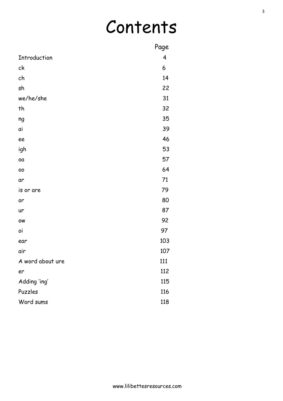 Contents list giving the start page for each sound, from ck, ch and sh to ear and air, plus puzzles and word sums