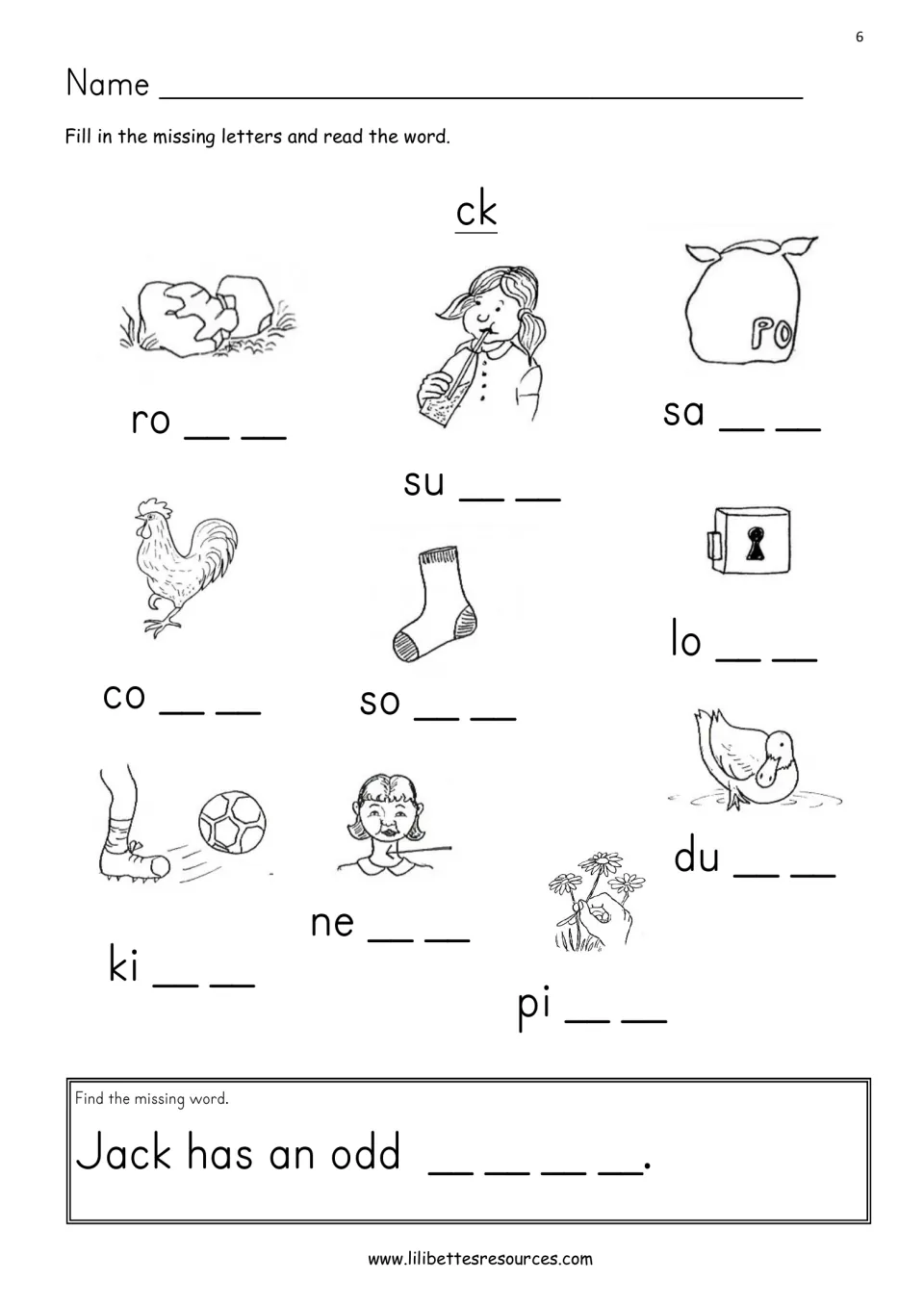 ck word endings: students add ck to ten picture words such as rock, sock and duck, then finish 'Jack has an odd ____'