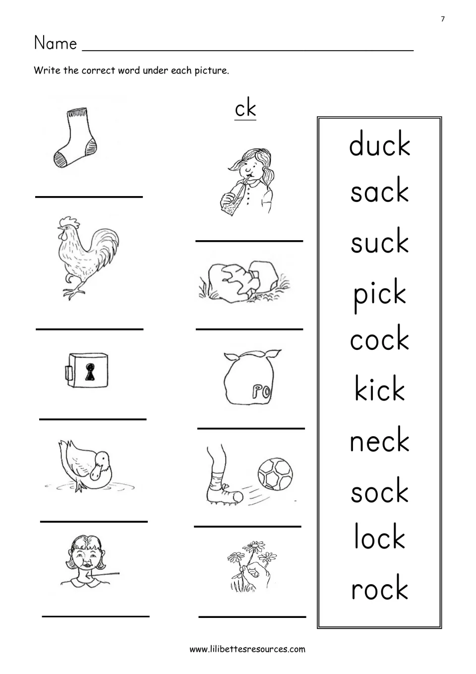 ck word bank: students match each of ten drawings, like a sock and a rooster, to its label and copy it underneath