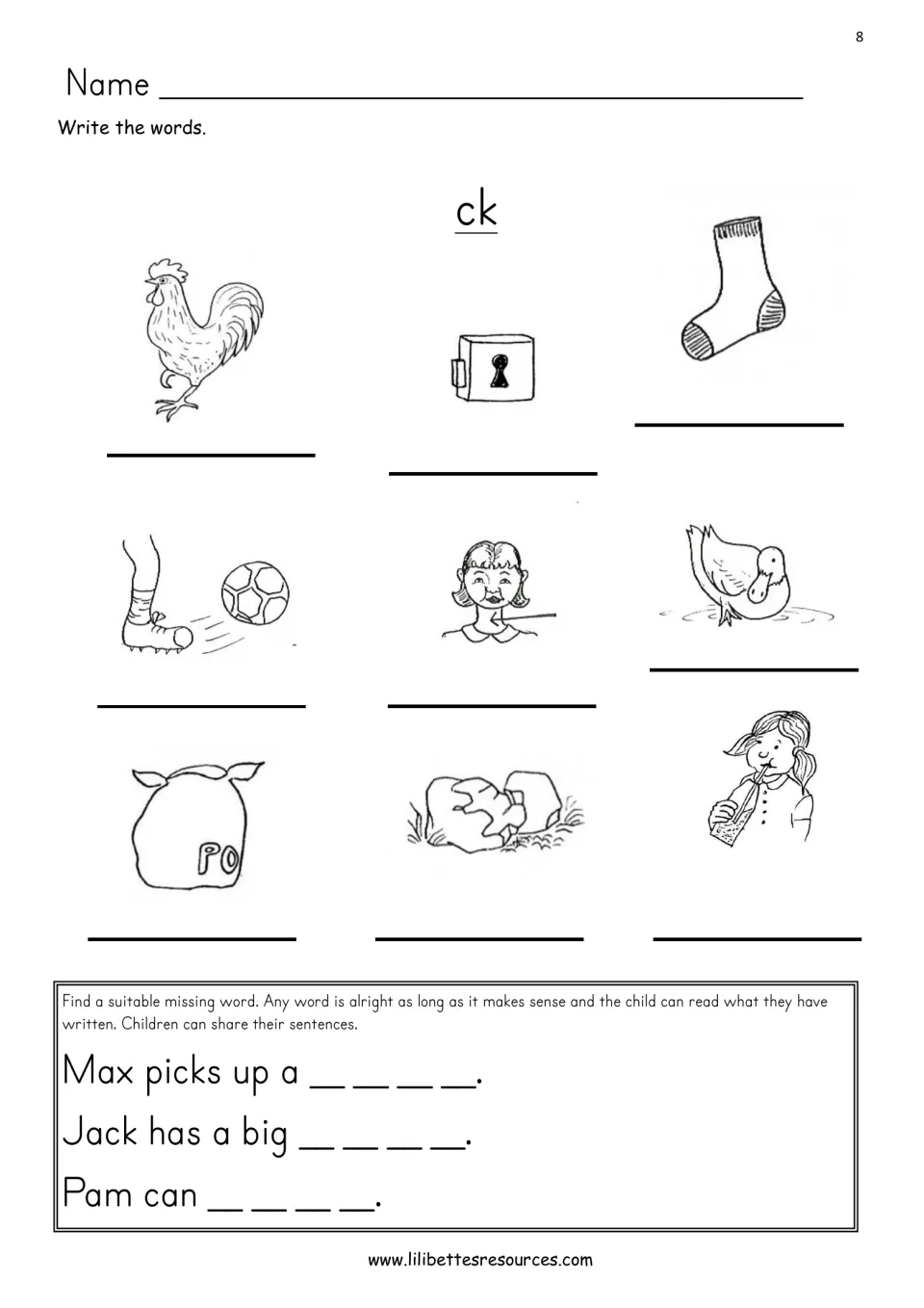 Writing ck words without a word bank: students label nine pictures, then complete sentences like 'Max picks up a ____'