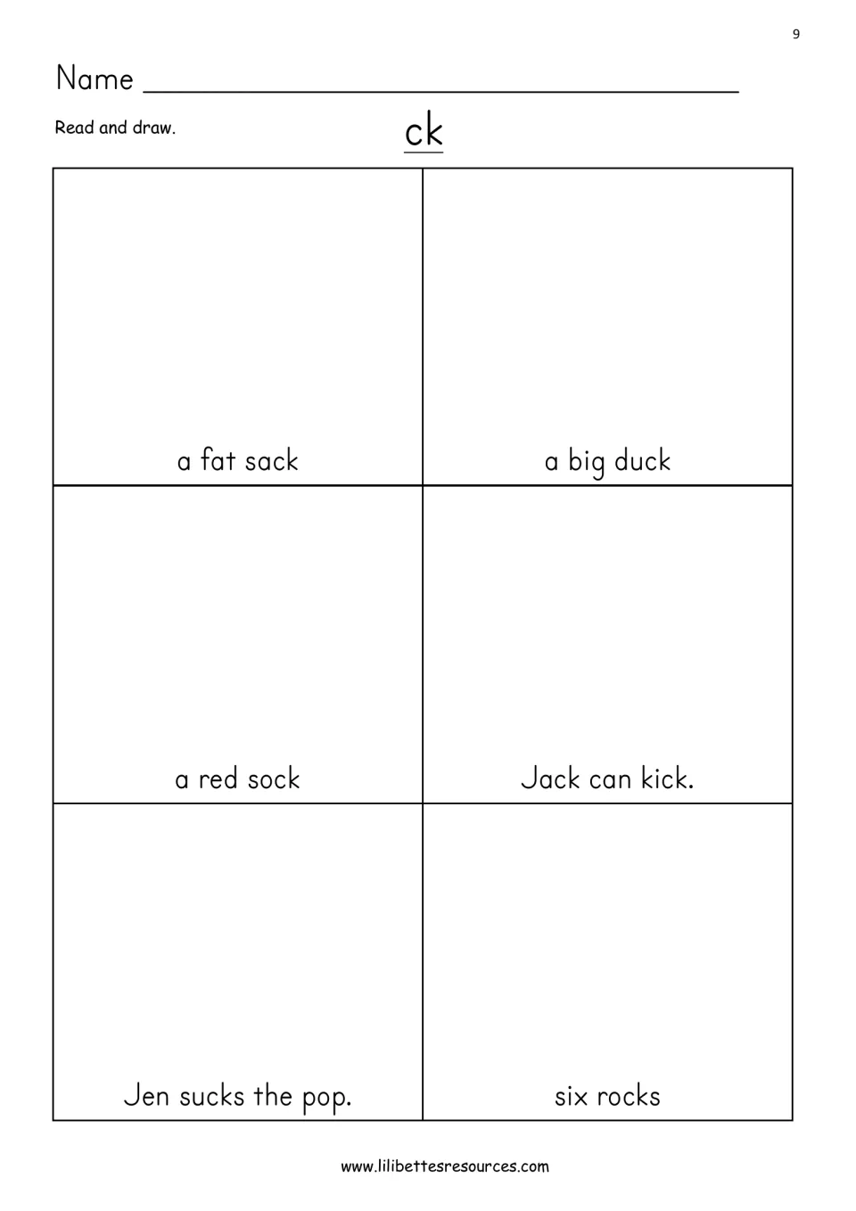 Read and draw with ck: students read phrases such as 'a fat sack', 'a red sock' and 'six rocks' and illustrate each one