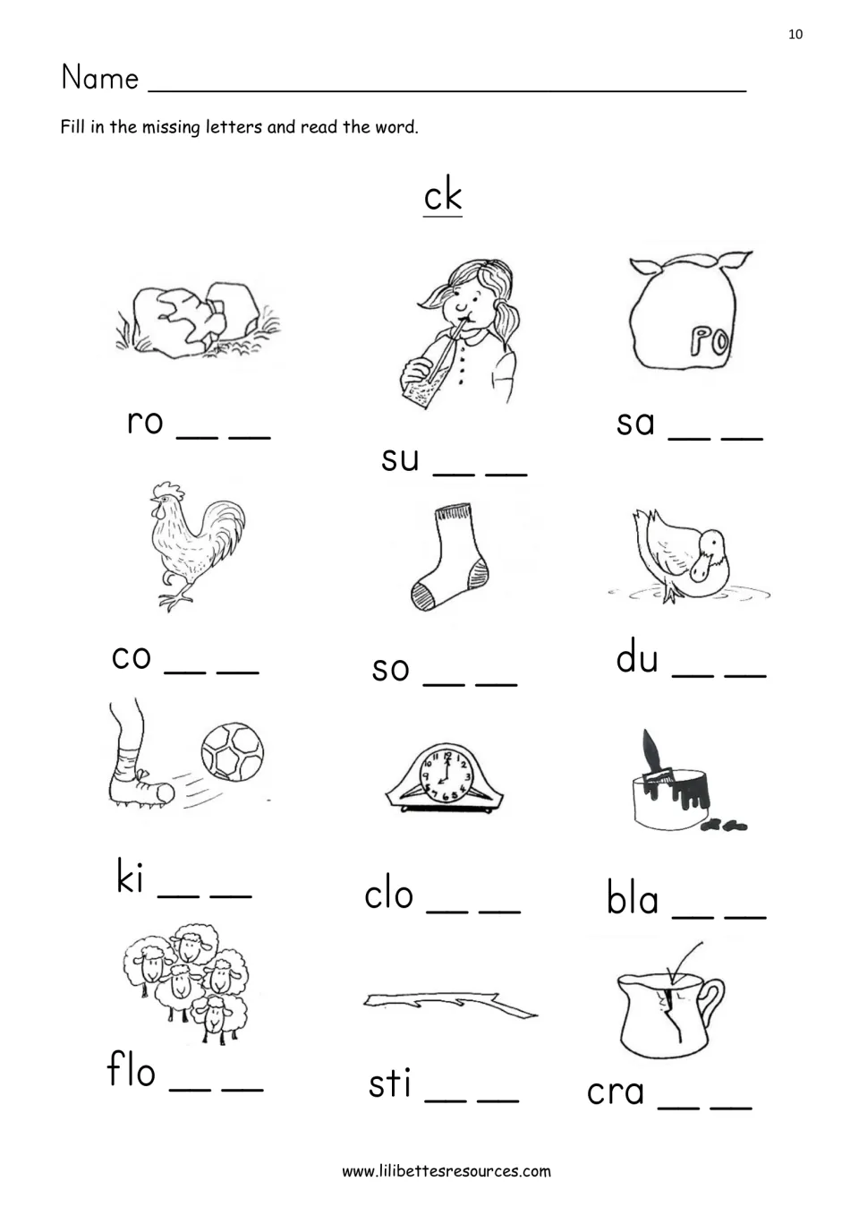 ck with consonant blends: students complete clock, flock and stick among 12 picture words, reading each one aloud