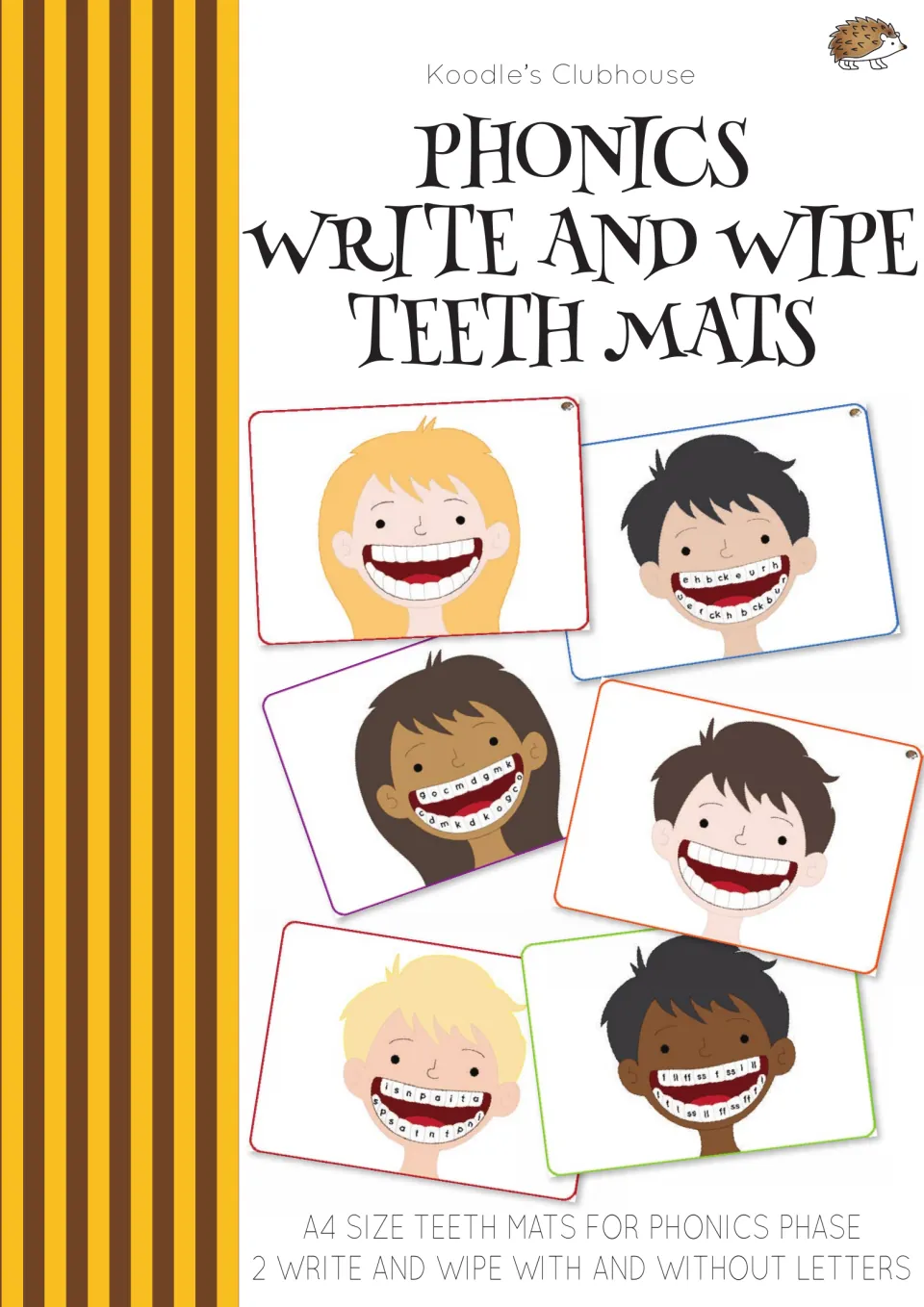 Cover of Phonics Write and Wipe Teeth Mats, showing examples of Phase 2 mats with letters and blank teeth