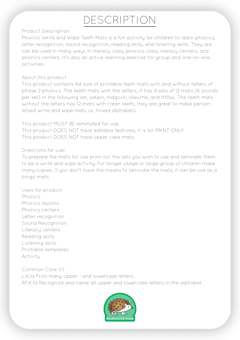 Product description and directions for teeth mats: four sets of 12 lettered mats, 12 blank mats, and lamination