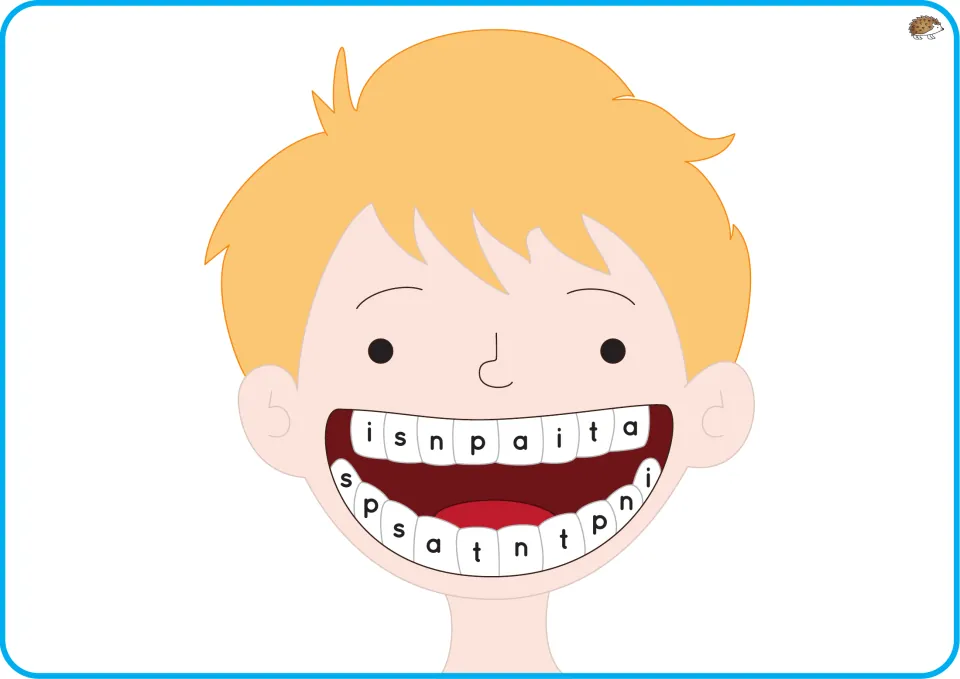 Phase 2 phonics teeth mat featuring a boy with blond hair and repeated lowercase letters s, a, t, p, i, n