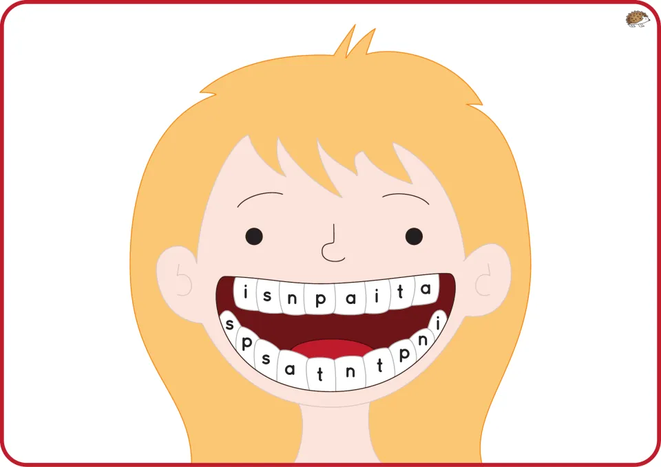 Phase 2 phonics teeth mat featuring a girl with blond hair and repeated lowercase letters s, a, t, p, i, n