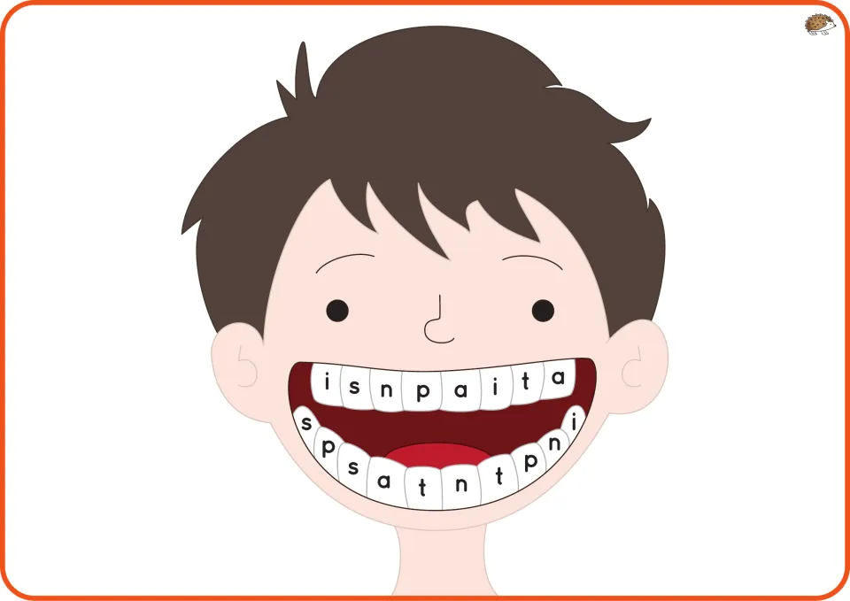 Phase 2 teeth mat featuring a boy with brown hair, light skin, and repeated lowercase letters s, a, t, p, i, n