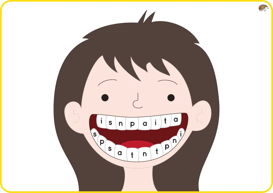 Phase 2 teeth mat featuring a girl with brown hair, light skin, and repeated lowercase letters s, a, t, p, i, n