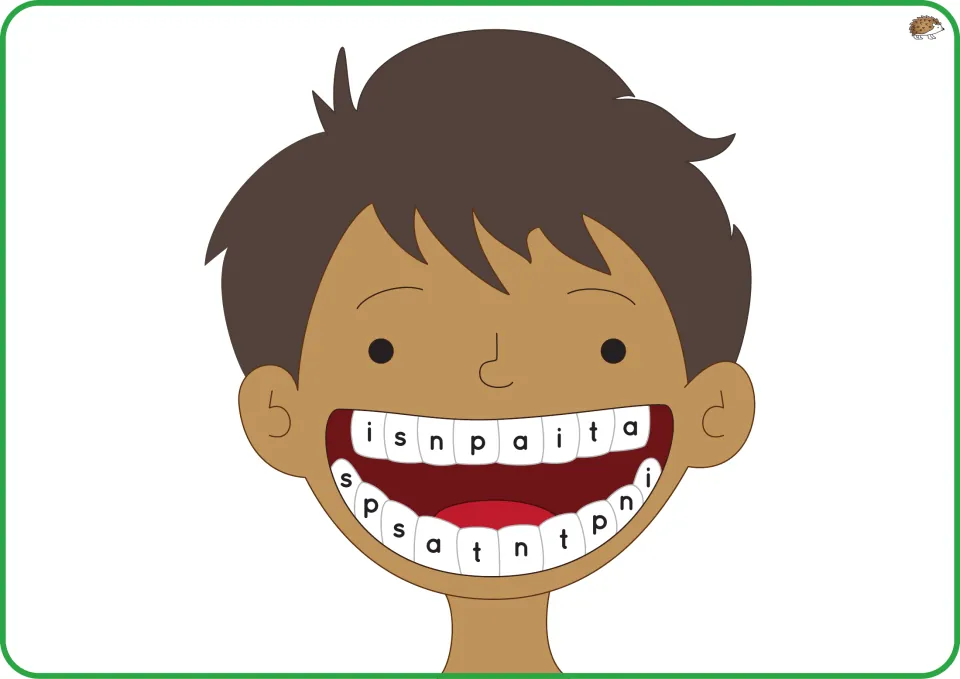 Phase 2 teeth mat featuring a boy with brown hair, brown skin, and repeated lowercase letters s, a, t, p, i, n
