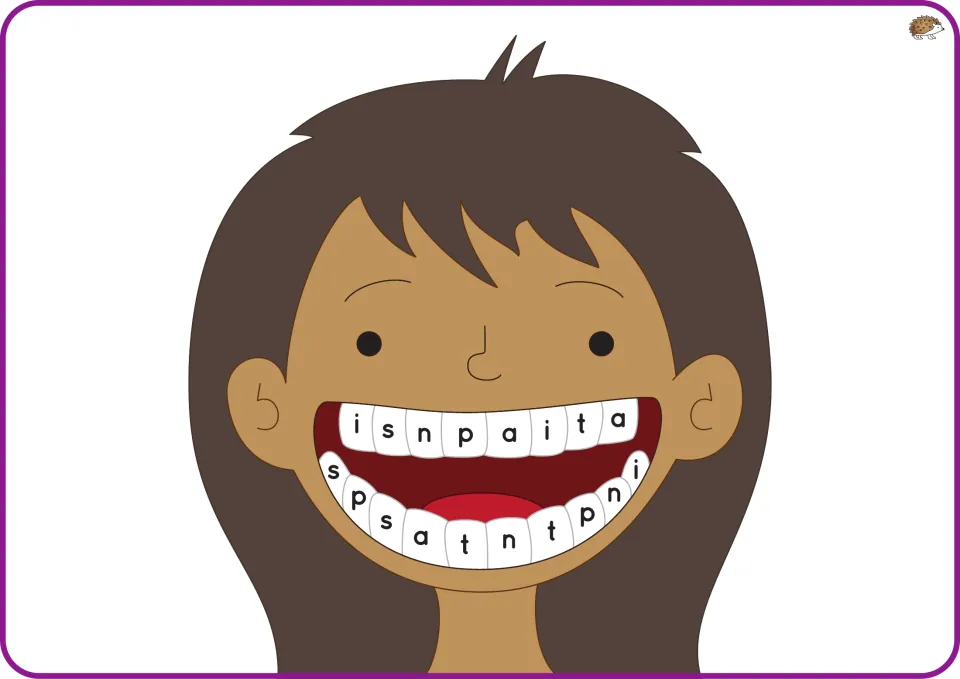 Phase 2 teeth mat featuring a girl with brown hair, brown skin, and repeated lowercase letters s, a, t, p, i, n