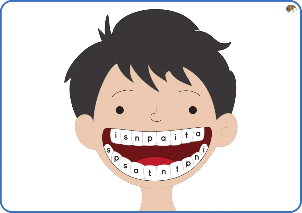 Phase 2 phonics teeth mat featuring a boy with black hair and repeated lowercase letters s, a, t, p, i, n