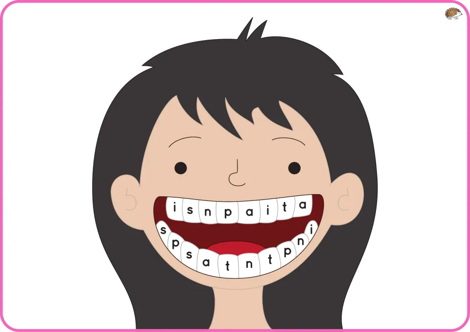 Phase 2 phonics teeth mat featuring a girl with black hair and repeated lowercase letters s, a, t, p, i, n