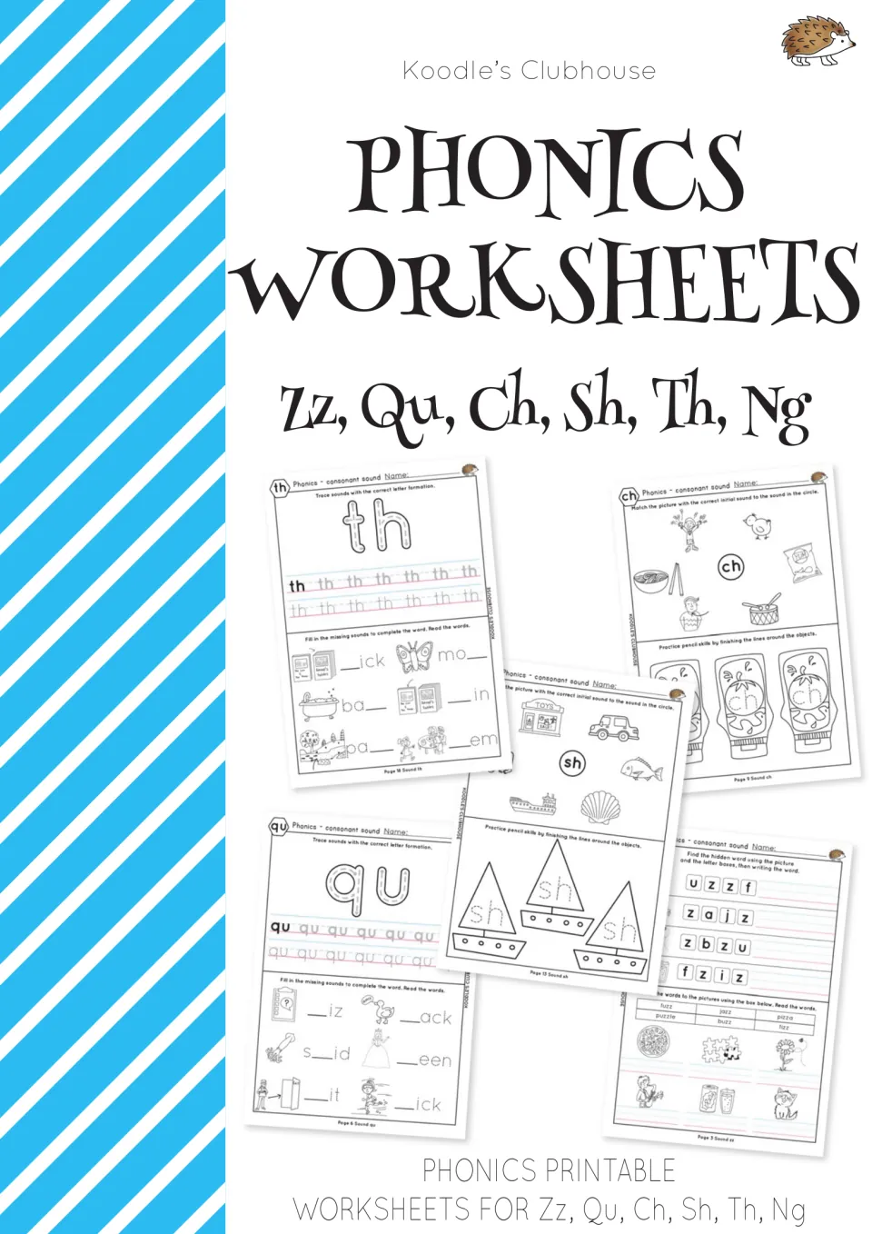 Phonics worksheets cover for zz, qu, ch, sh, th and ng, showing sample tracing, matching and hidden-word pages