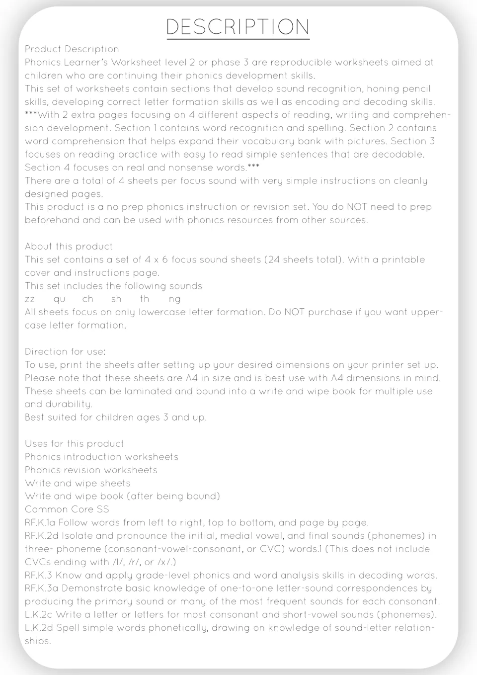 Product description listing the six focus sounds, 24 sheets, directions for A4 printing and Common Core codes