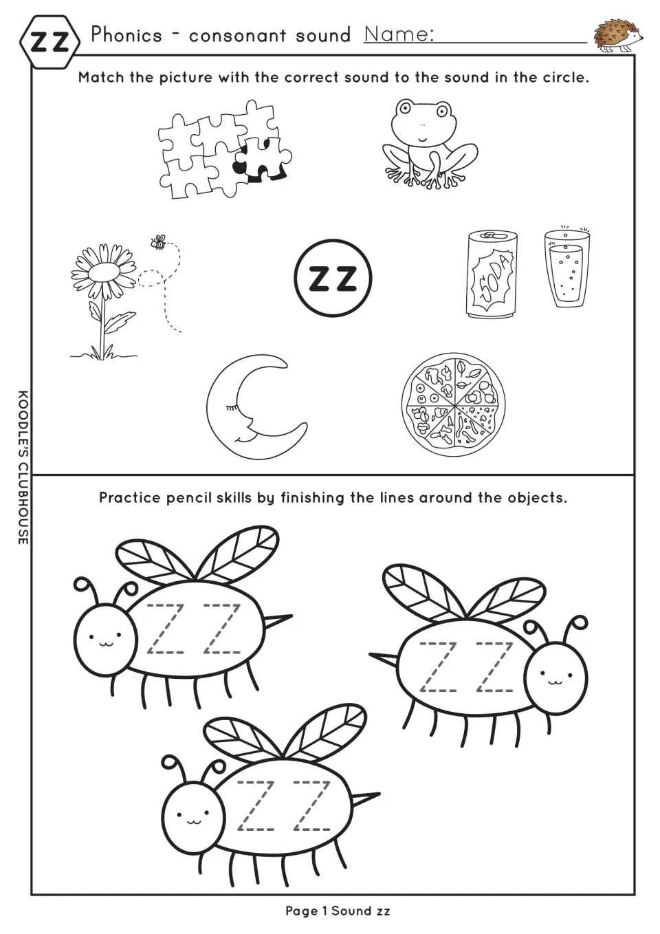 zz sound: students match pictures such as pizza, puzzle and buzzing bee to zz, then trace zz on three bugs