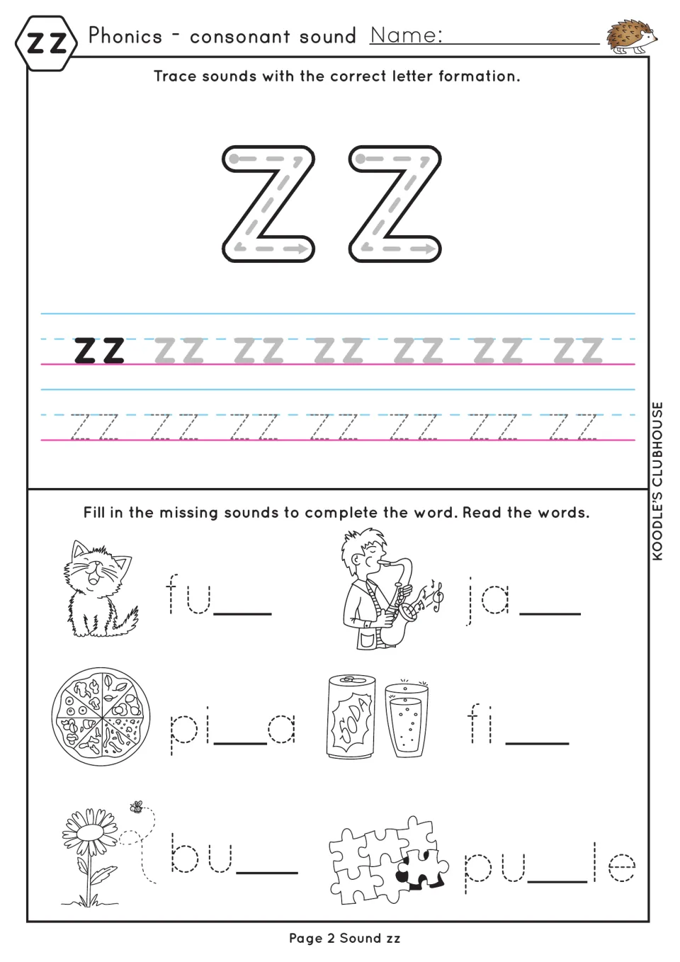 zz letter formation: students trace lowercase zz, then fill in zz to finish fuzz, jazz, pizza, fizz, buzz and puzzle