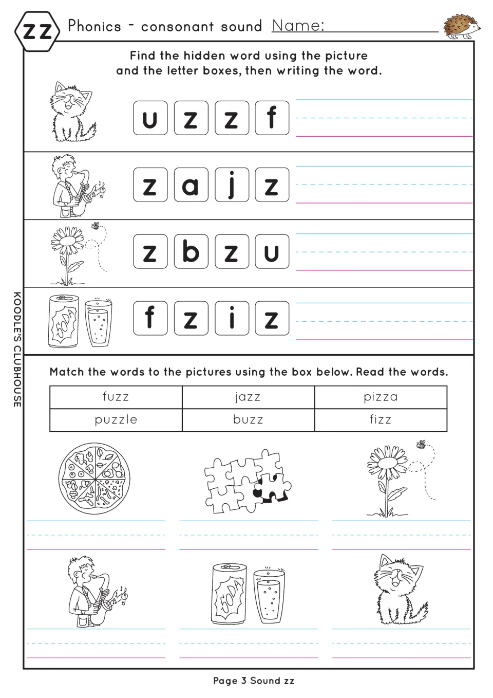 zz hidden words: students unscramble tiles to write fuzz, jazz, buzz and fizz, then label six pictures from a word bank