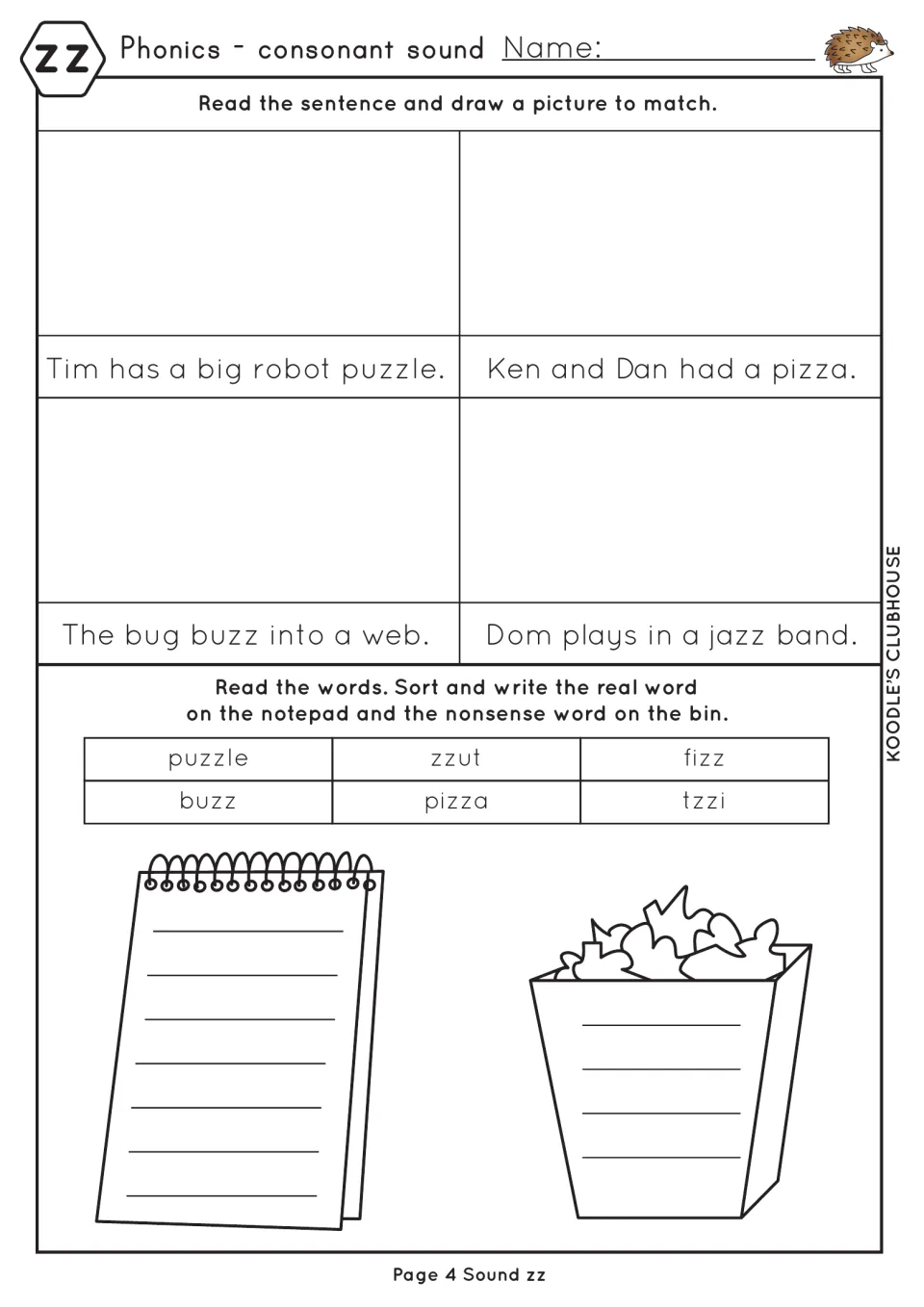 zz reading: students draw pictures for four sentences, then sort real words and nonsense words like zzut and tzzi
