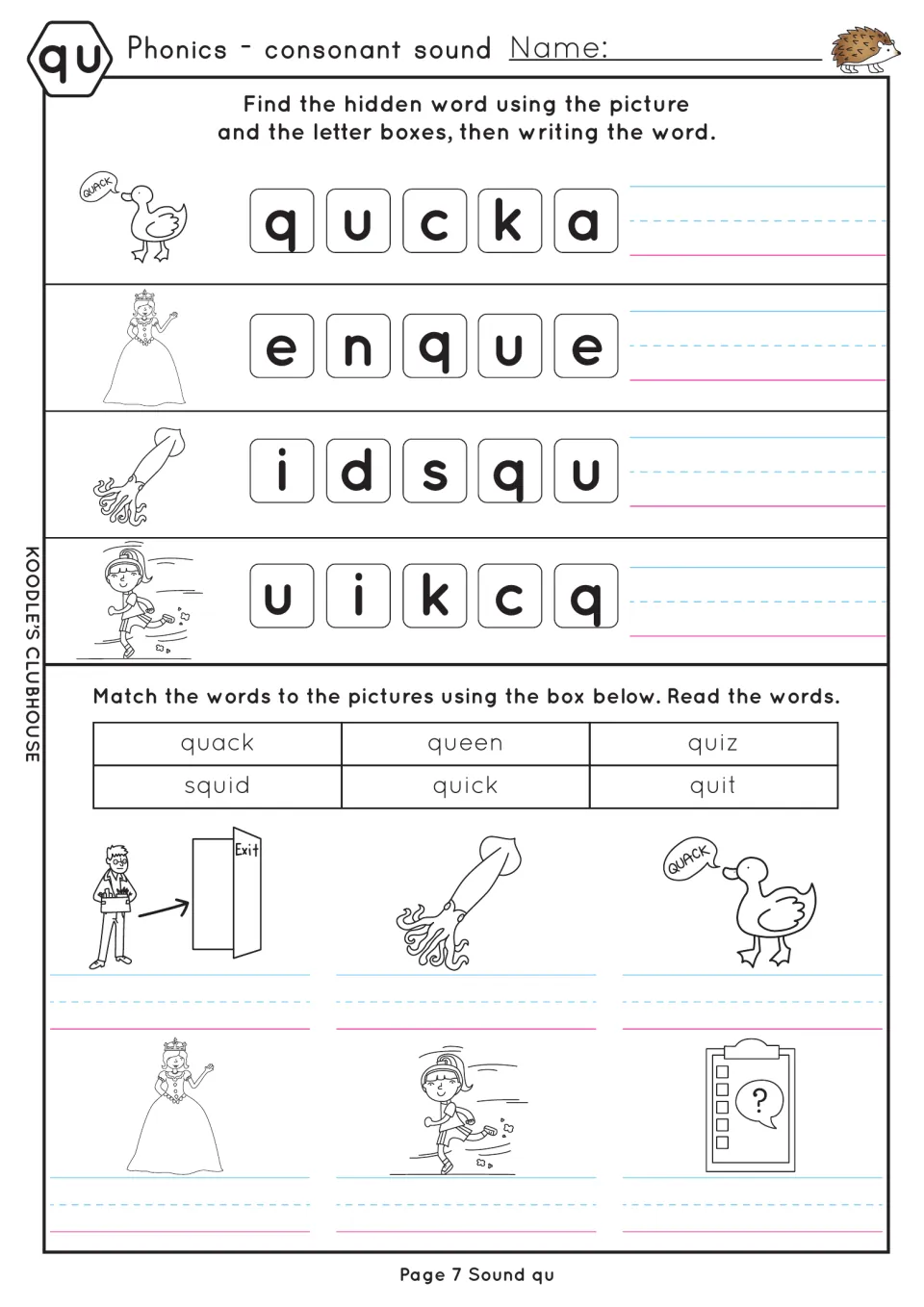 qu hidden words: students unscramble tiles to write quack, queen, squid and quick, then label pictures from a word bank