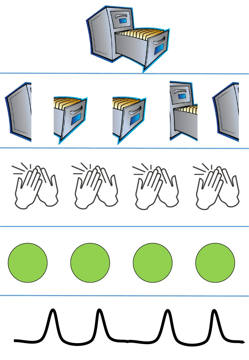 Cabinet syllable-counting worksheet, second format: a file cabinet, five picture pieces, and four clap cues