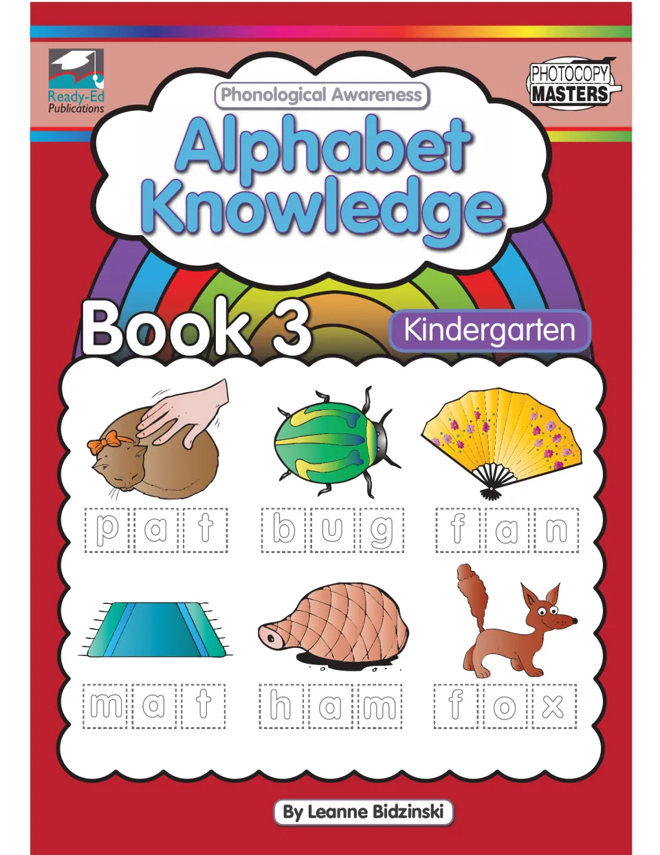 Alphabet Knowledge Book 3 cover, Kindergarten: CVC words pat, bug, fan, mat, ham and fox shown with matching pictures
