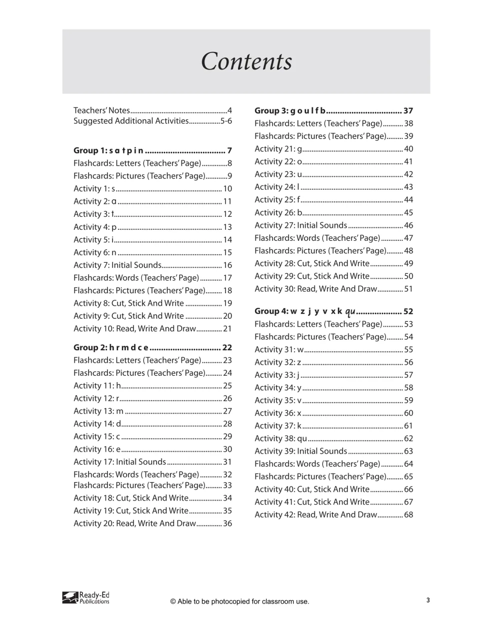 Contents listing letter groups 1 to 4 with flashcards, single-letter activities, cut-stick-write and read-write-draw tasks
