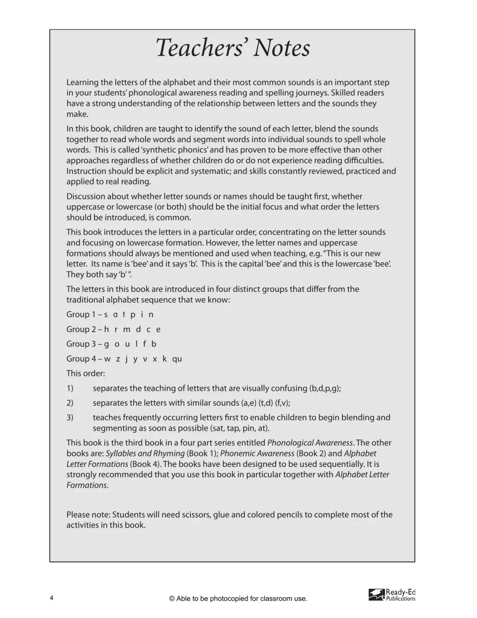 Teachers' notes on synthetic phonics: letters taught in four groups (satpin, hrmdce, goulfb, wzjyvxkqu) and why this order