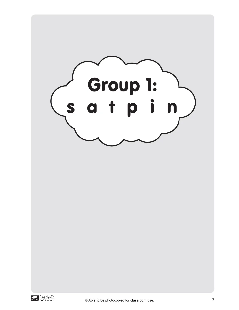 Section divider introducing Group 1 letters s, a, t, p, i and n, the first set of letter sounds taught in the book