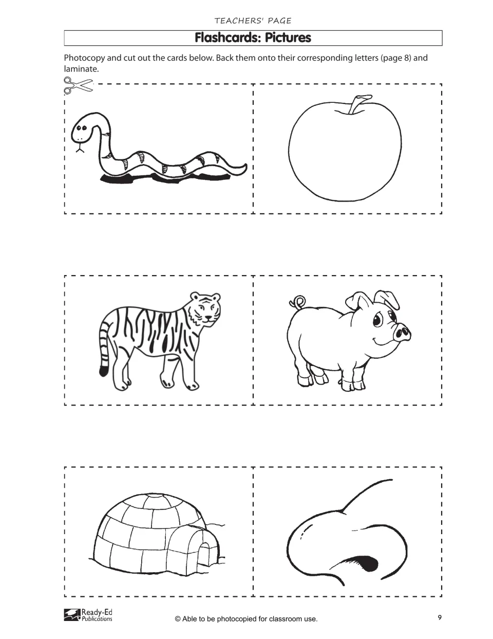Picture flashcards of a snake, apple, tiger, pig, igloo and nose to back onto matching s, a, t, p, i, n letter cards