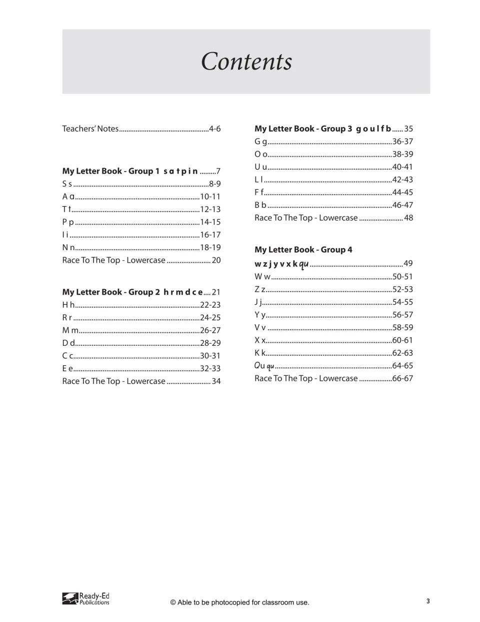 Contents: teachers' notes, four My Letter Book groups from s a t p i n to w z j y v x k qu, and Race To The Top pages