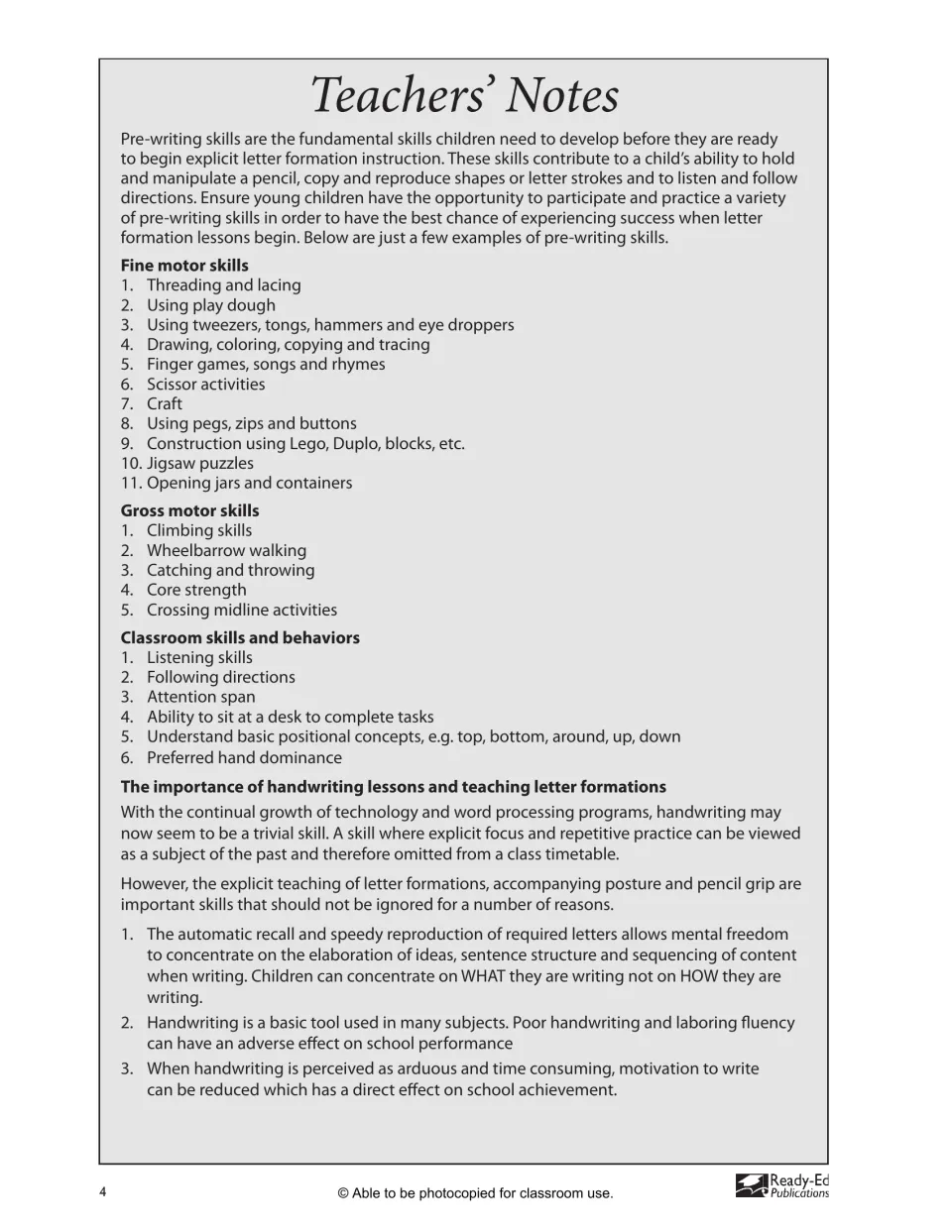 Teachers' notes on pre-writing skills: fine motor, gross motor and classroom skill lists, and why handwriting matters