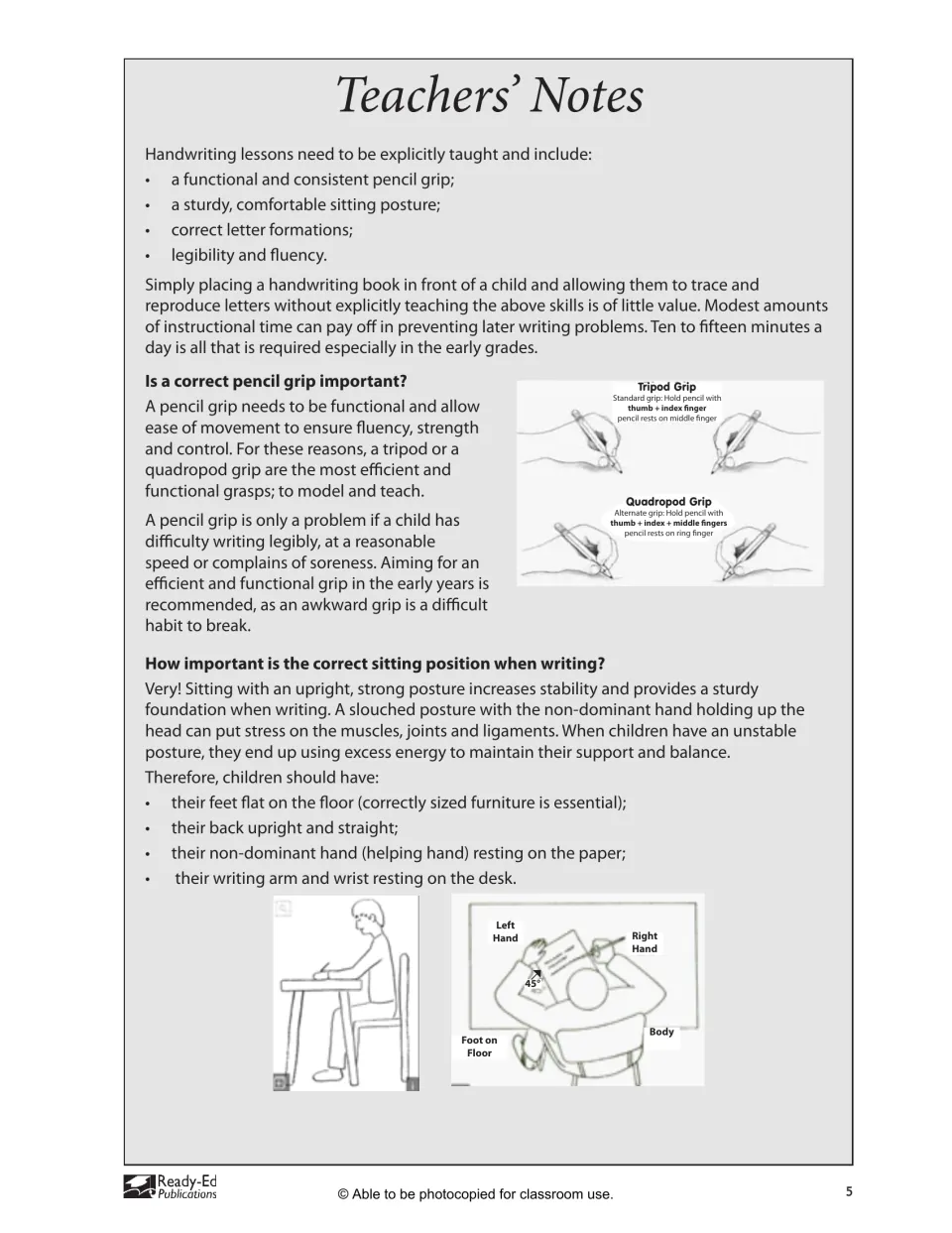 Teachers' notes on pencil grip and posture: tripod and quadropod grip diagrams and a seated child with paper at 45°
