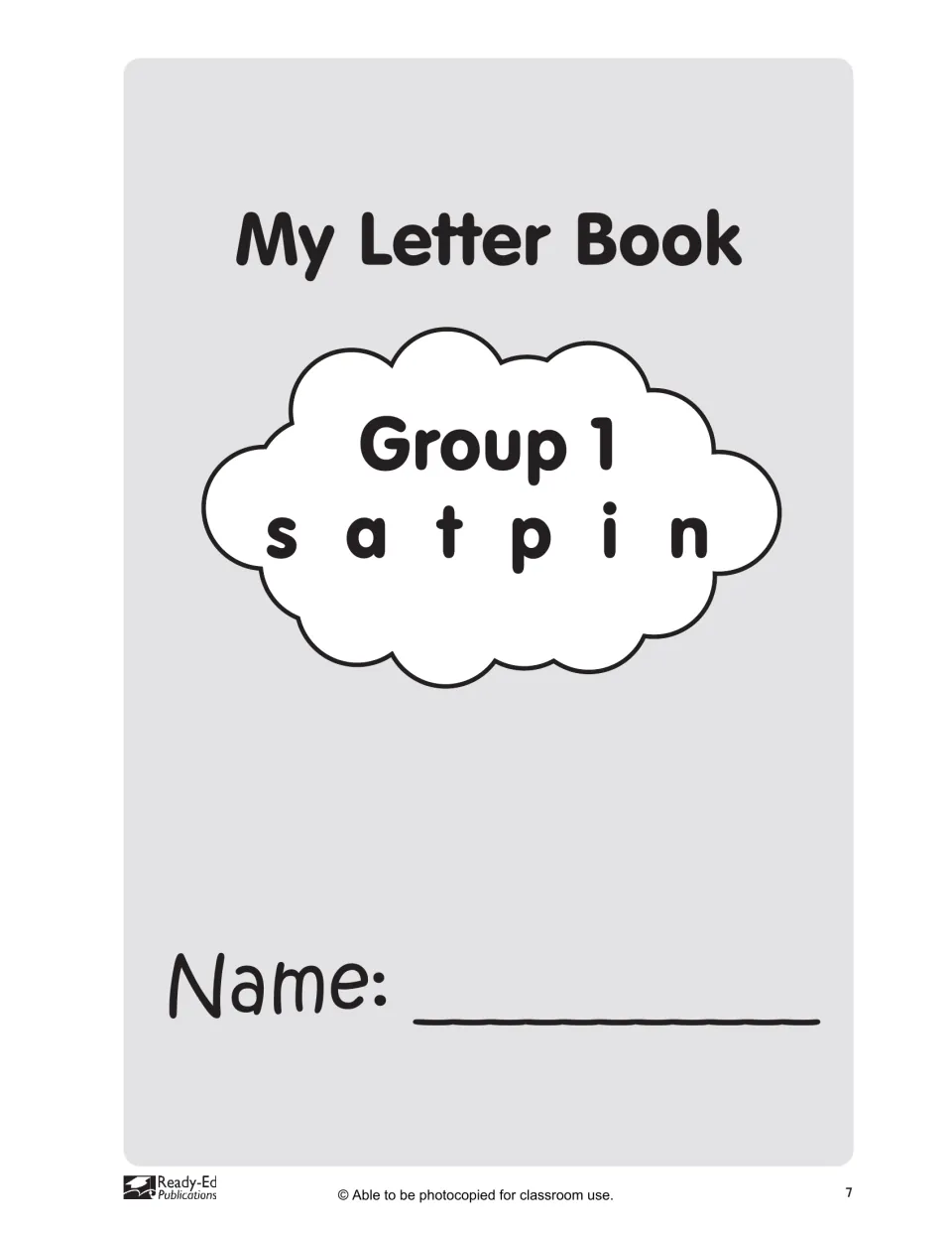 My Letter Book Group 1 booklet cover for letters s, a, t, p, i and n, with a space for the student's name