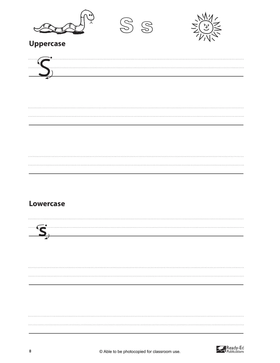 Letter S s formation: students follow arrow-marked models, then write rows of uppercase S and lowercase s
