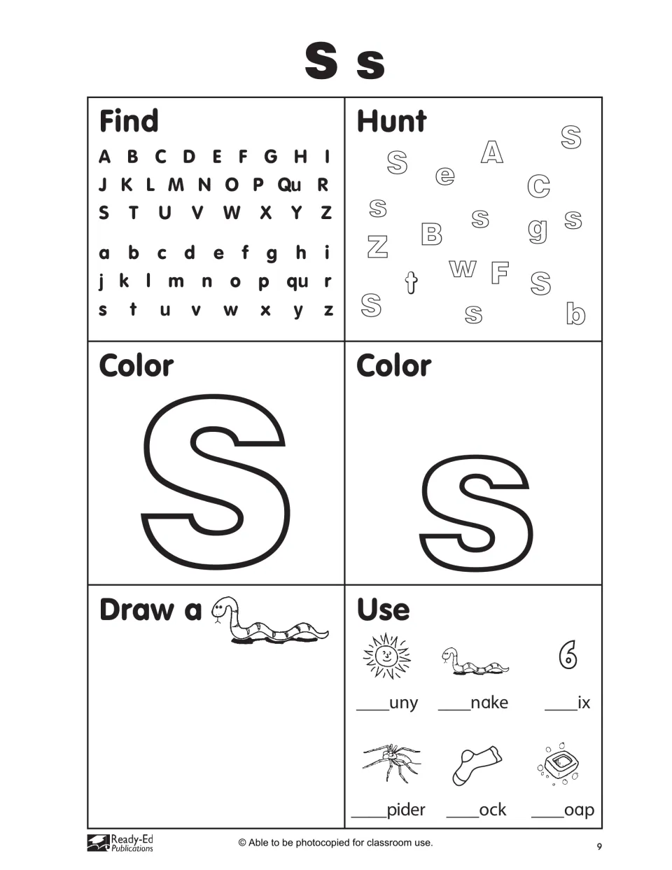 Letter S s tasks: find, hunt and color S and s, draw a snake, add s to sunny, snake, six, spider, sock and soap