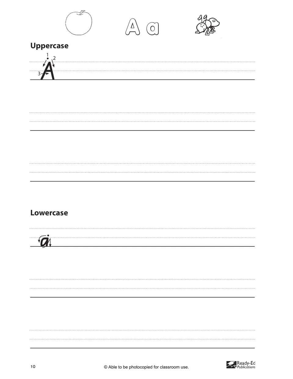 Letter A a formation: students follow numbered stroke arrows for A and a, then write rows of each; apple and ant pictures