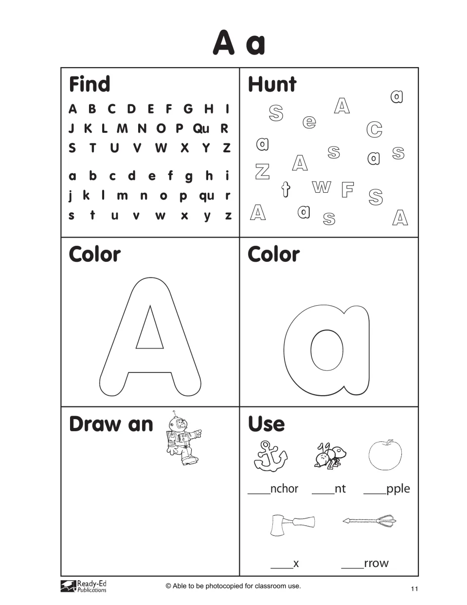 Letter A a activities: find and hunt A and a, color both, draw an astronaut, add a to anchor, ant, apple, ax and arrow