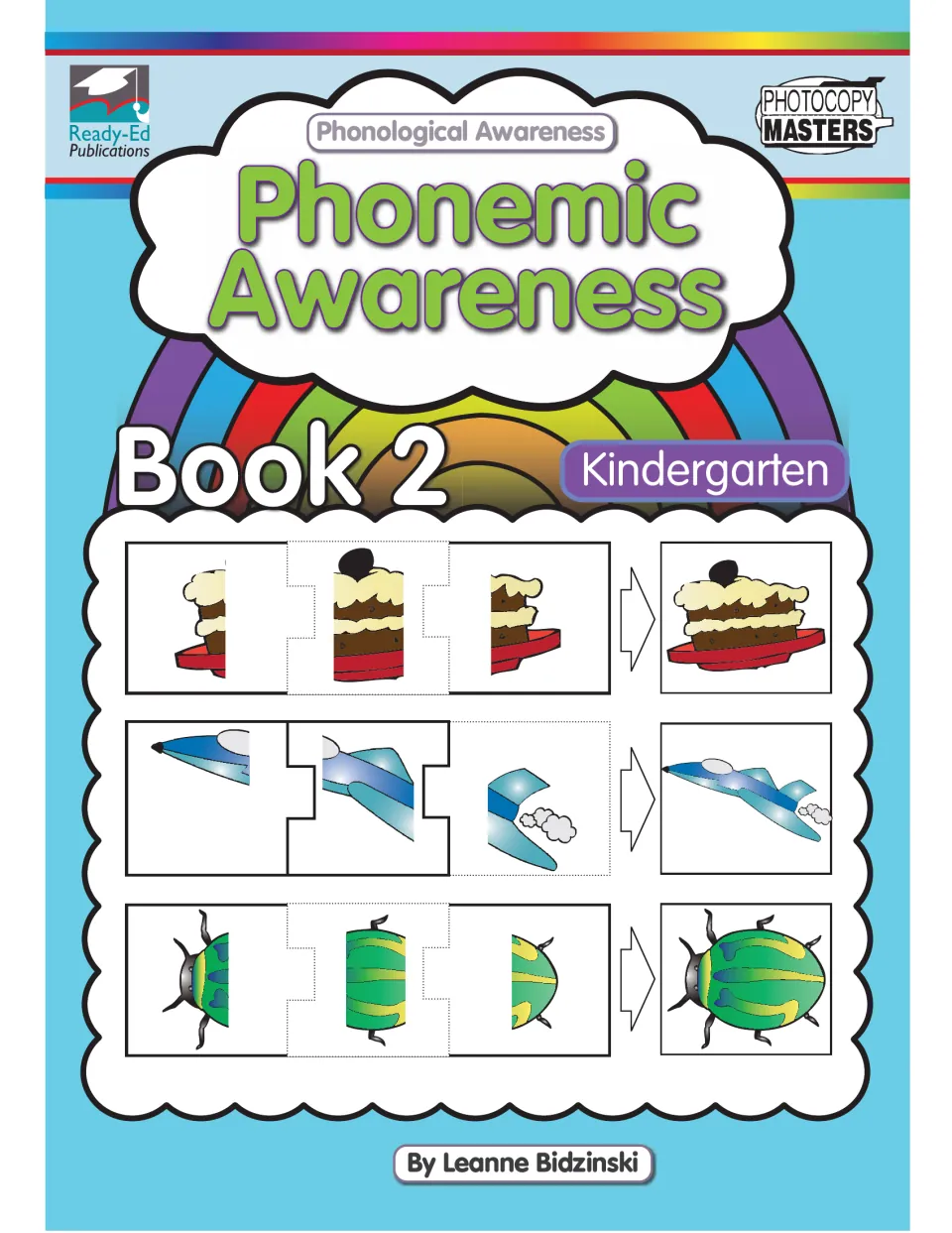 Phonemic Awareness Book 2 cover for kindergarten: jigsaw pieces of a cake, jet and beetle joined into whole pictures