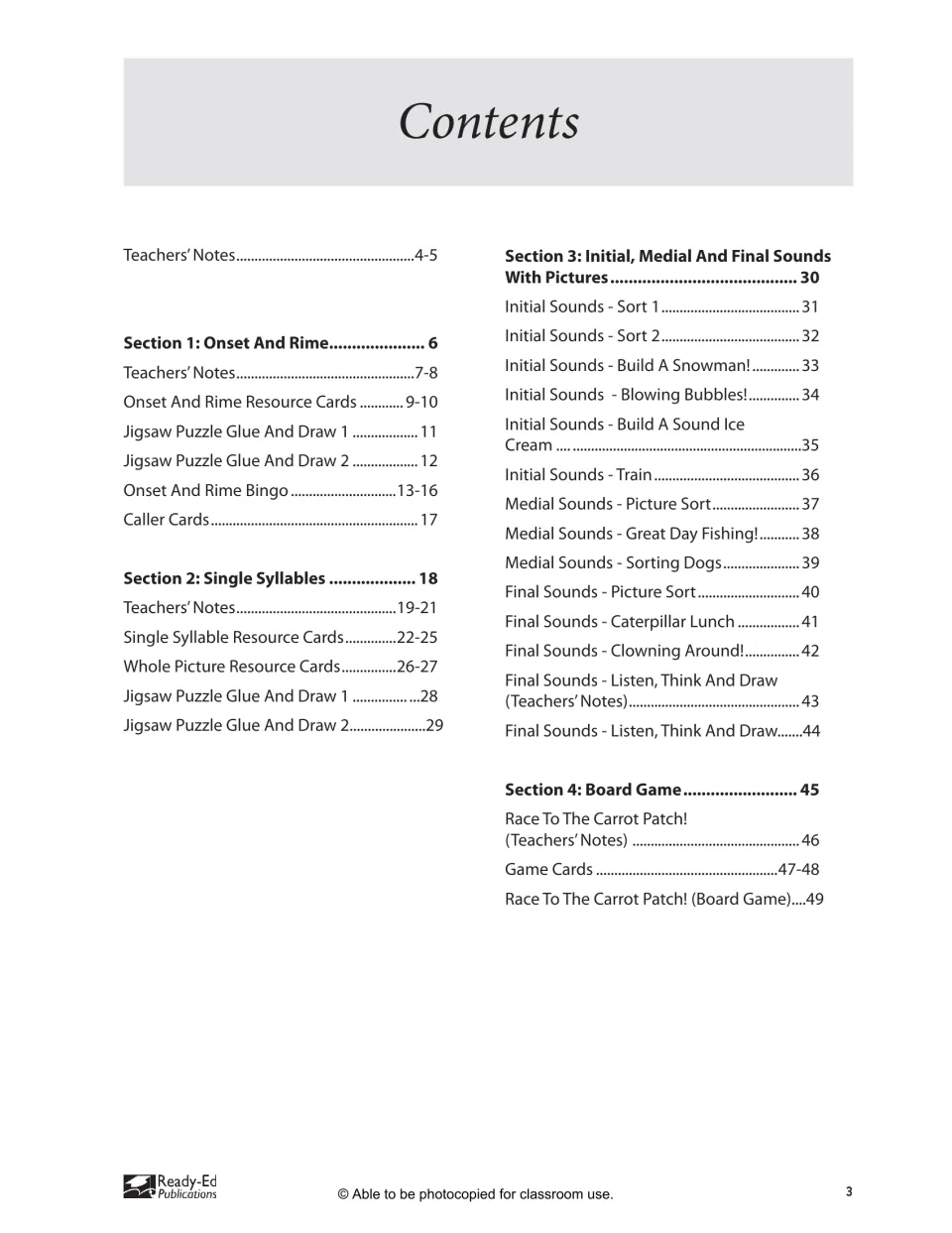 Contents listing four sections: onset and rime, single syllables, initial, medial and final sounds, and a board game