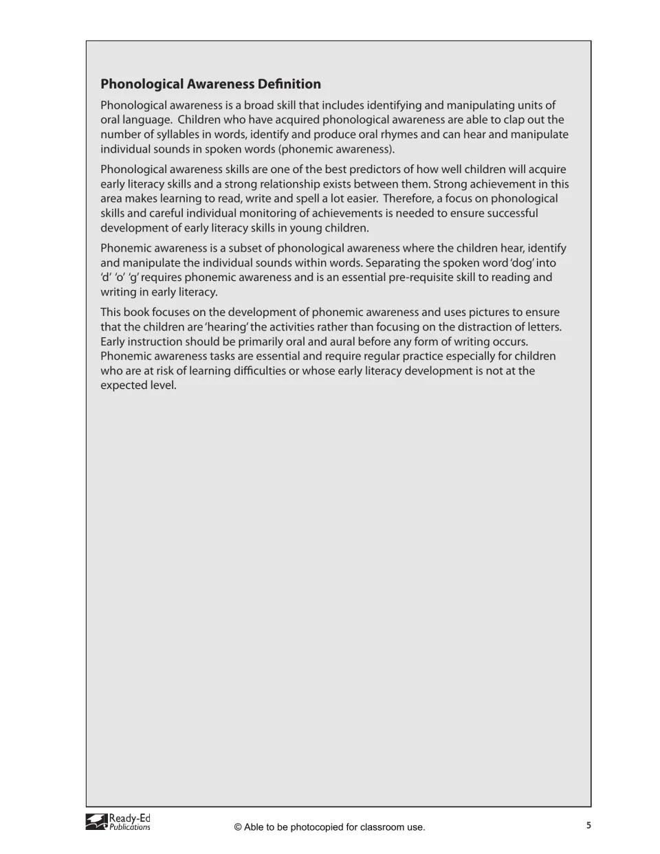 Phonological awareness definition explaining phonemic awareness as hearing individual sounds, such as d-o-g in 'dog'