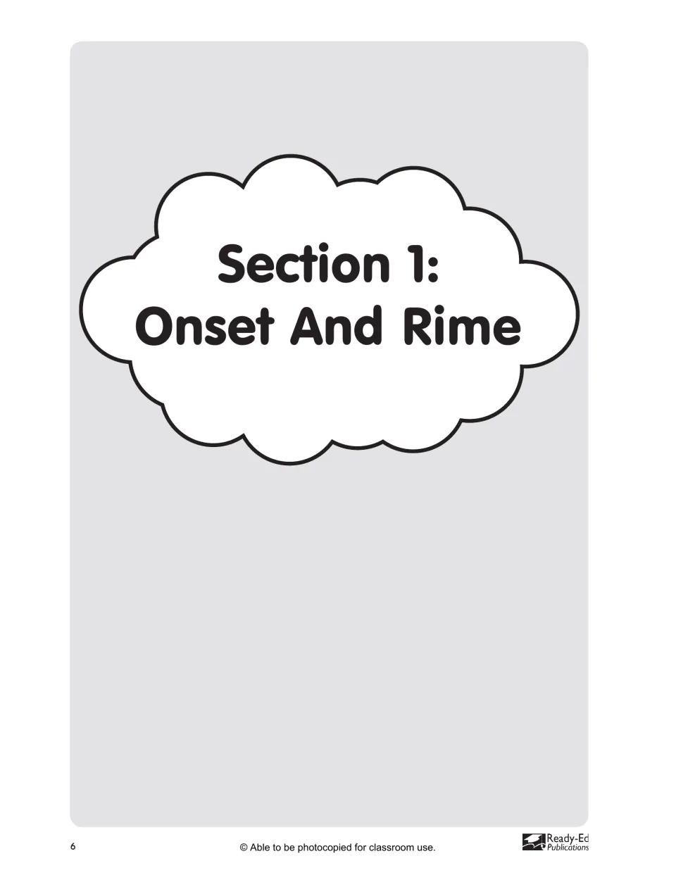 Section 1: Onset And Rime divider introducing activities that split words into first sound and ending